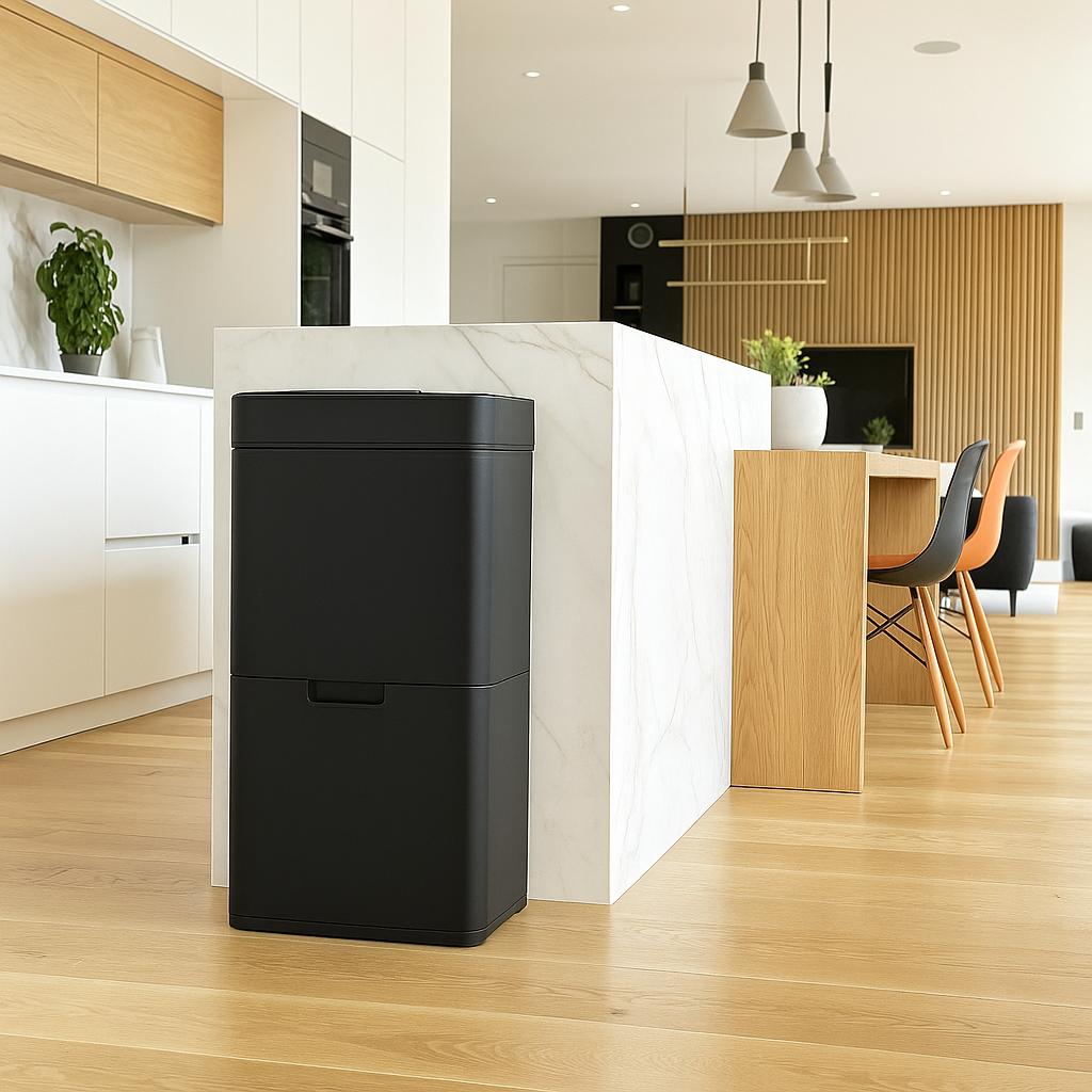 NARVIK Automatischer Küchenabfalleimer mit zwei Fächern, 75 l, aus Edelstahl, Recycling, großes Fassungsvermögen und Tischabfalleimer 3 l