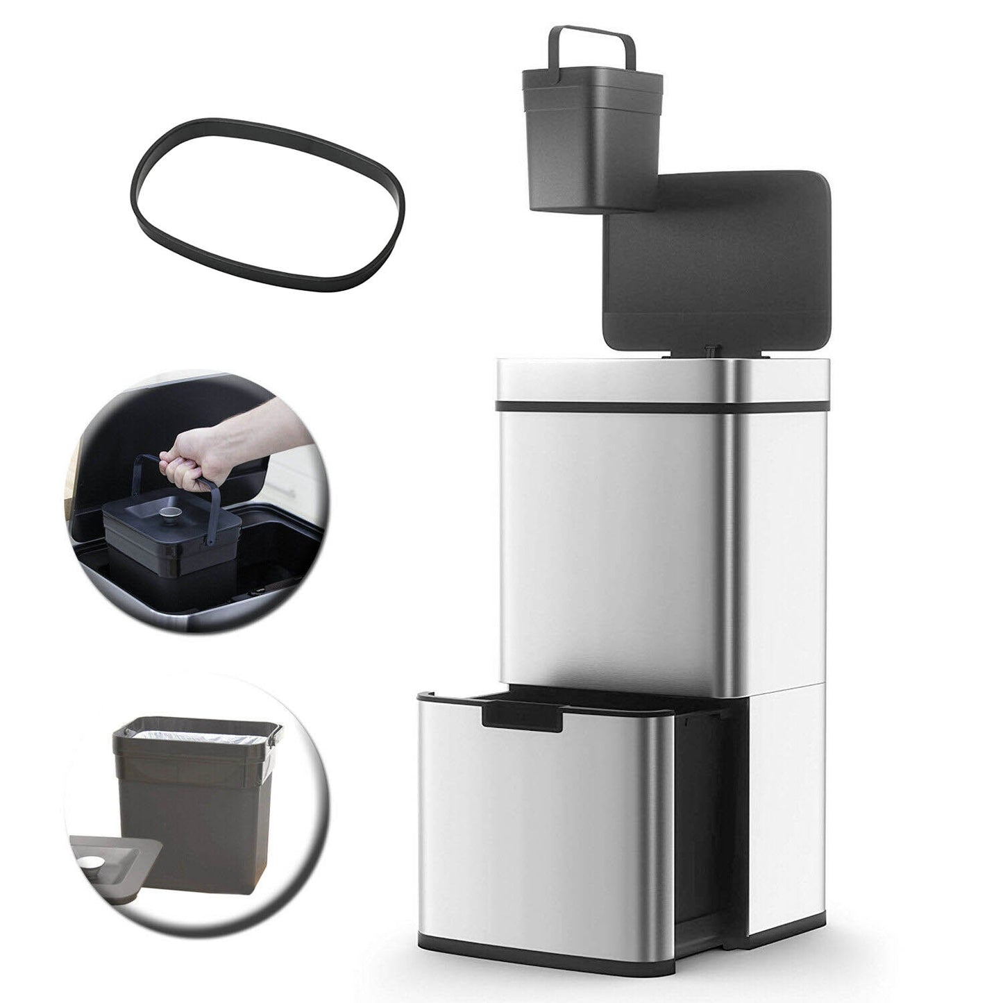 NARVIK Automatischer Küchenabfalleimer mit zwei Fächern, 75 l, aus Edelstahl, Recycling, großes Fassungsvermögen und Tischabfalleimer 3 l