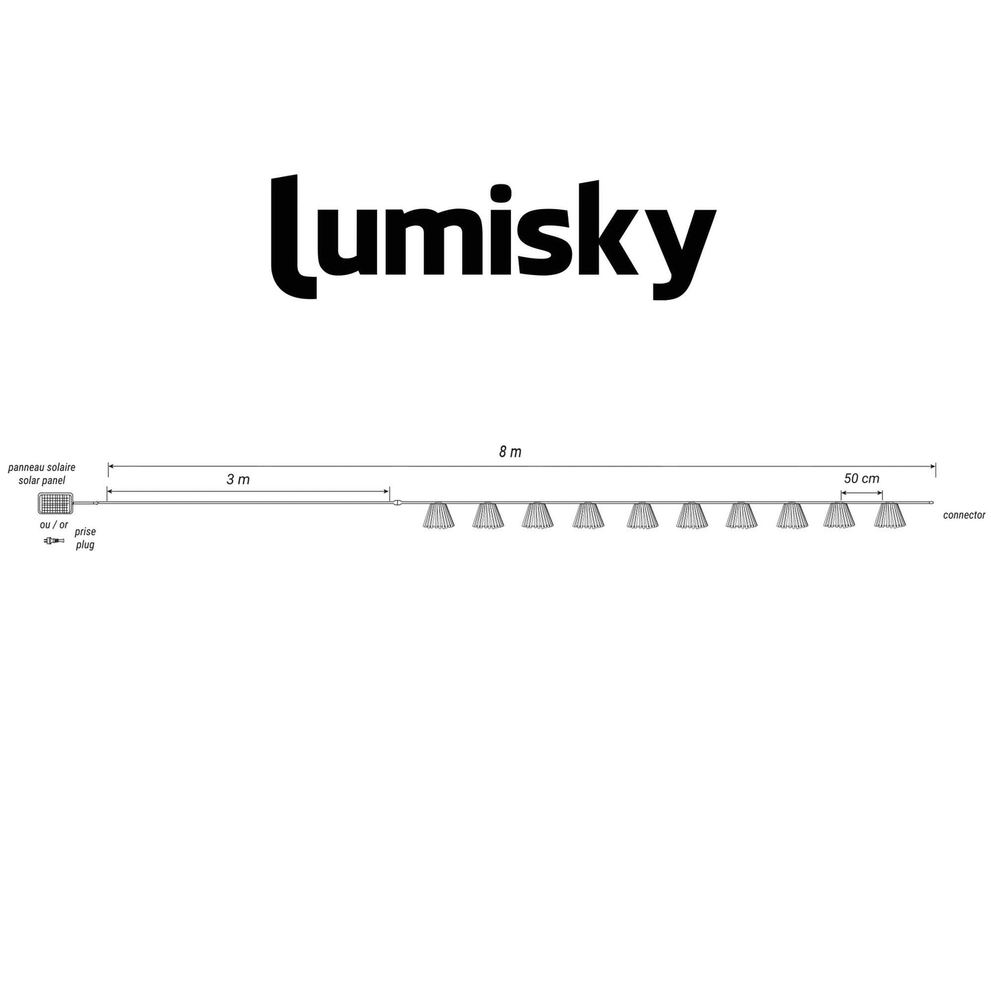 Guirlande lumineuse solaire et sur secteur raccordable en corde 20 ampoules transparentes LED blanc chaud dimmable NATURA LIGHT HYBRID 13m