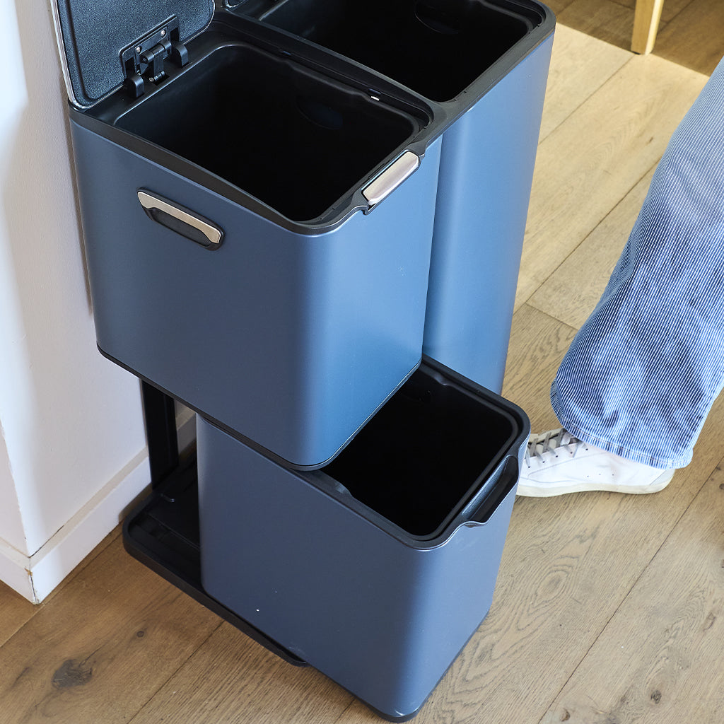 Poubelle de cuisine à pédale tri sélectif recyclage 60L(13+17+30L) HAJA en acier Inox Gris avec seau