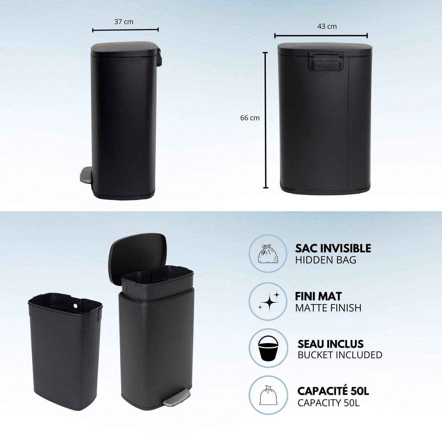 Küchentreteimer 50L Design ADMIRAL Mattschwarz in Edelstahl mit Eimer und Softclosing