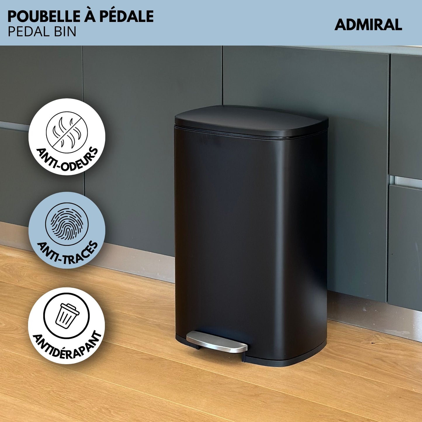Küchentreteimer 50L Design ADMIRAL Mattschwarz in Edelstahl mit Eimer und Softclosing