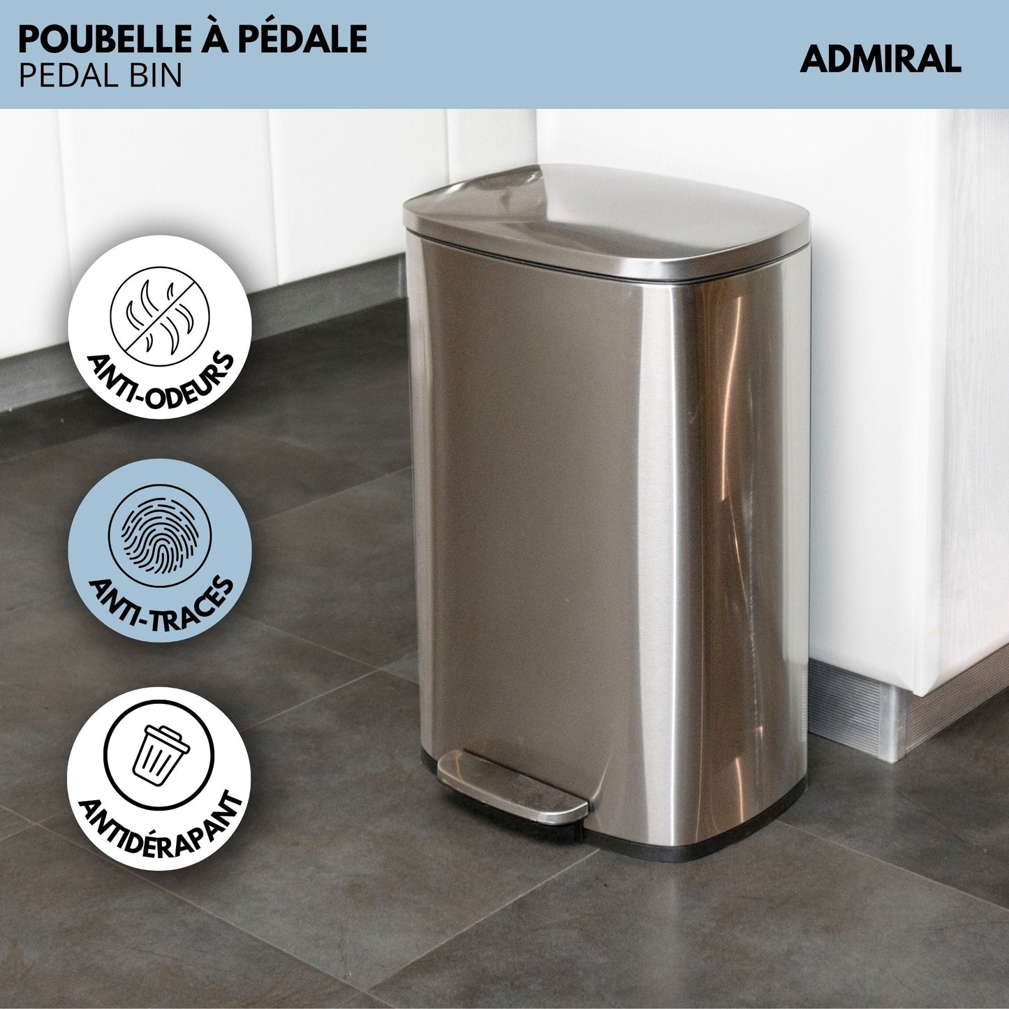 ADMIRAL Design 50L Küchen-Treteimer aus gebürstetem Edelstahl mit Eimer und Softclosing