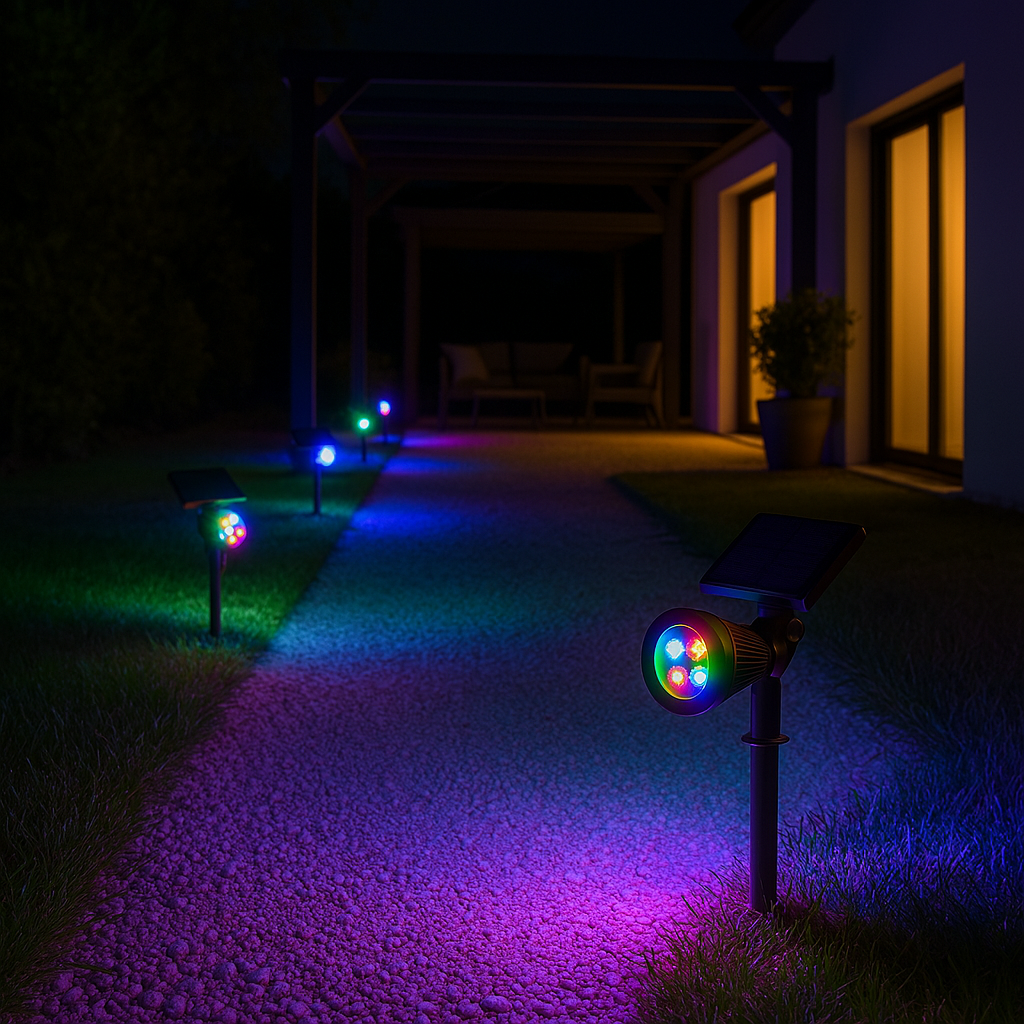 Set aus 2 solarbetriebenen 2-in-1-Strahlern zum Einstecken oder Befestigen, dimmbare mehrfarbige LED SPIKY C34 H42cm