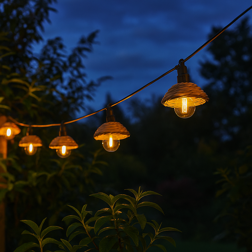 Außenlichtgirlande 10 transparente Kugeln warmweiß LED Polyrattan Lampenschirm COTTAGE 5,70m mit auswechselbaren Leuchtmitteln