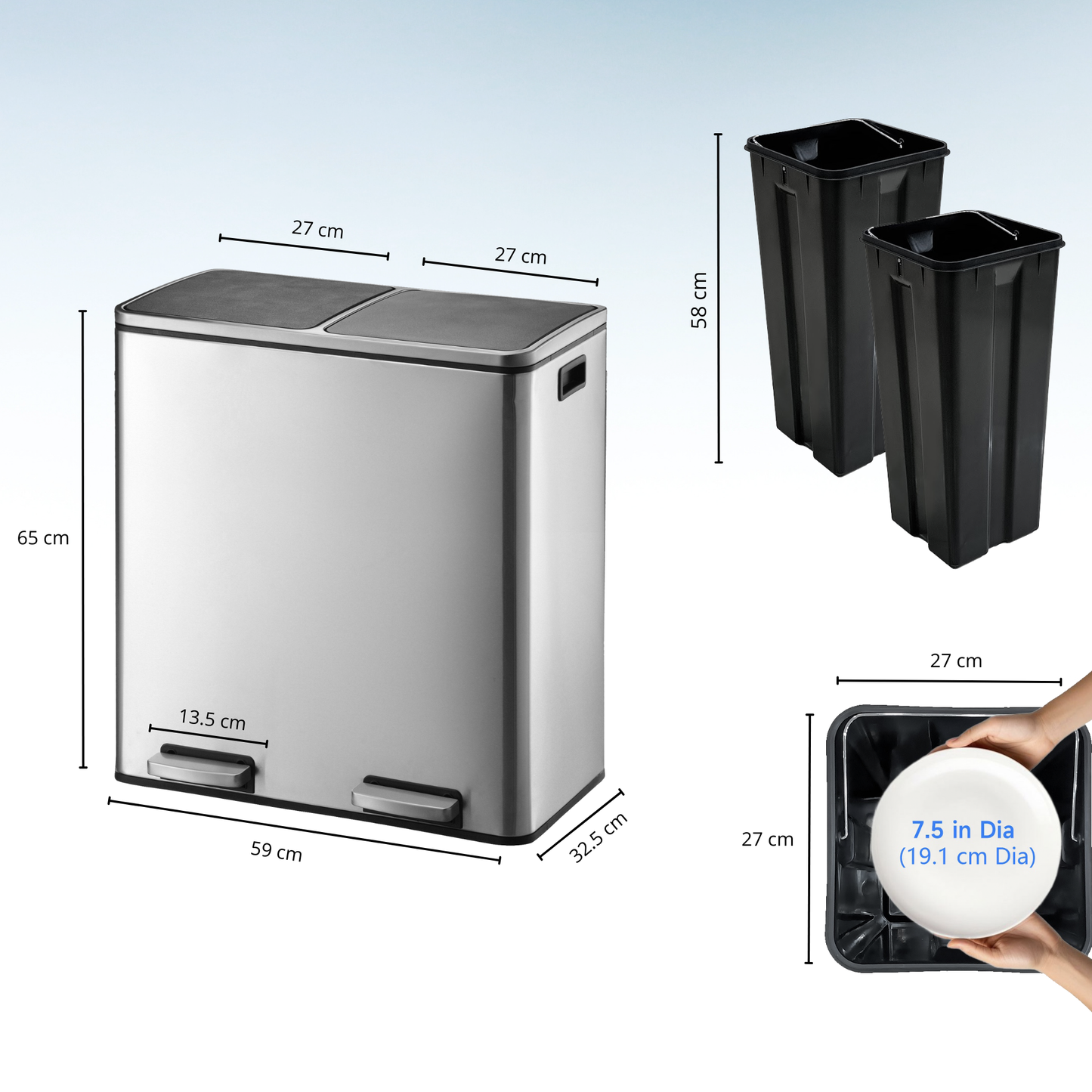 MAJOR 60L (2x30L) Tret-Küchenabfalleimer mit großem Fassungsvermögen aus Edelstahl