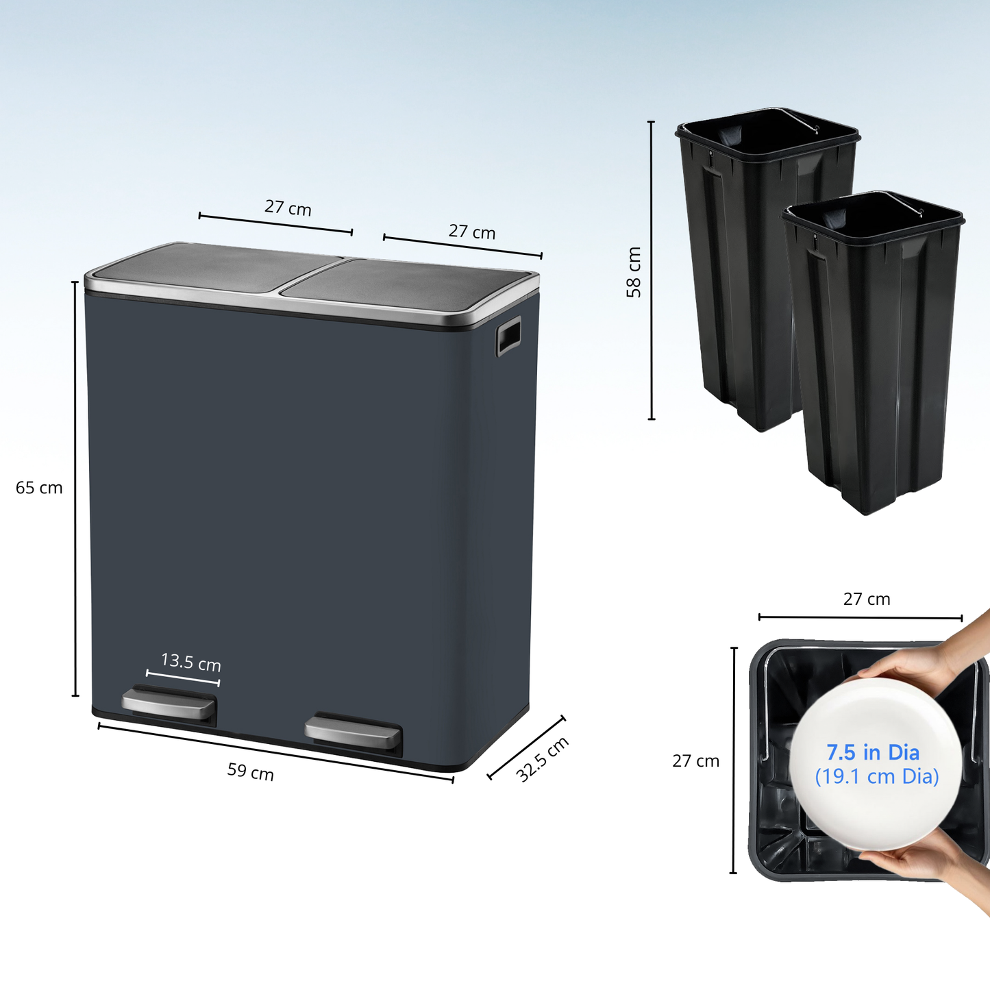 MAJOR 60L (2x30L) dreifach wählbarer Tret-Küchenabfalleimer mit großem Fassungsvermögen aus mattschwarzem Edelstahl