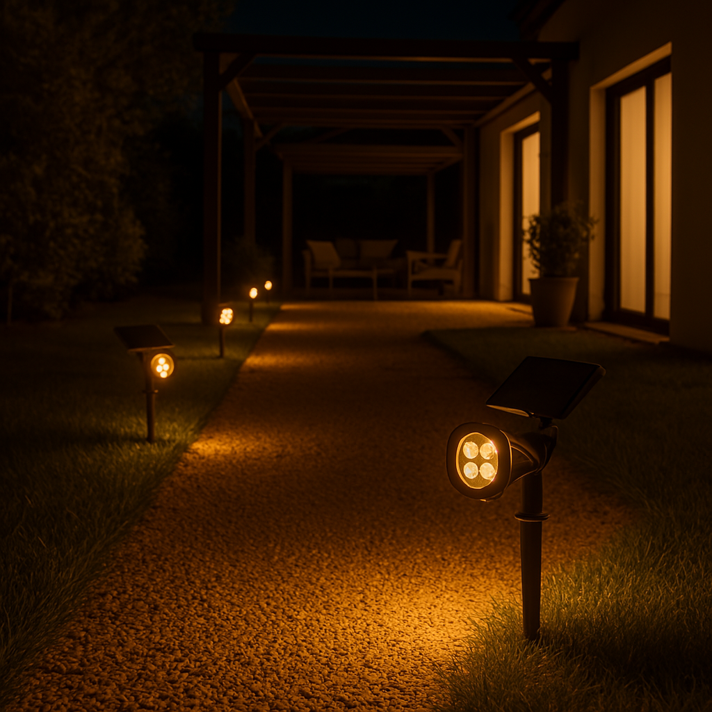 Set mit 2 Solarstrahlern 2 in 1 zum Aufkleben oder zum Befestigen dimmbarer warmweißer LED SPIKY WARM H42cm