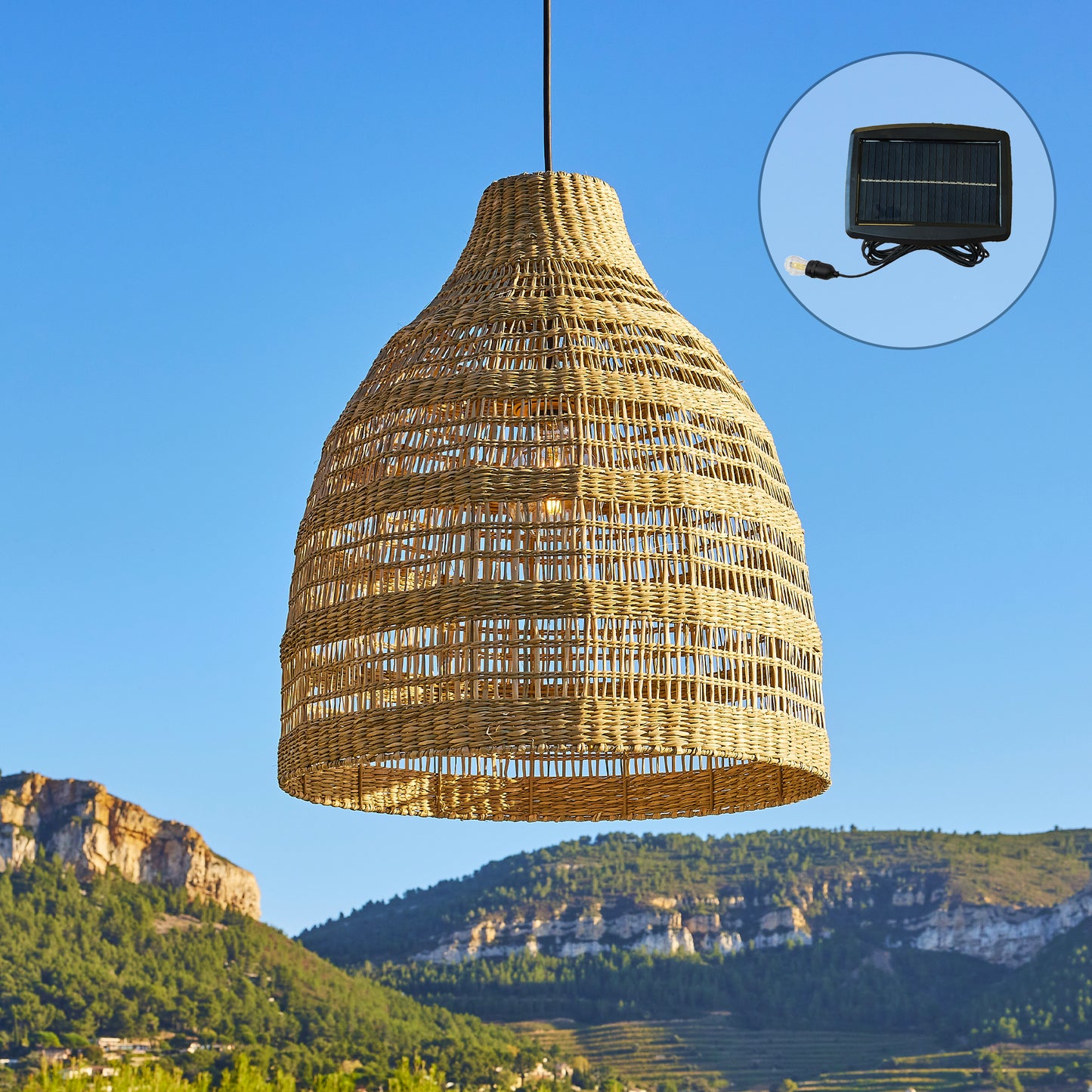 Natürliche böhmische Solar-Hängelampe im geflochtenen Flechtstil warmweiße LED HOLIDAY H42cm