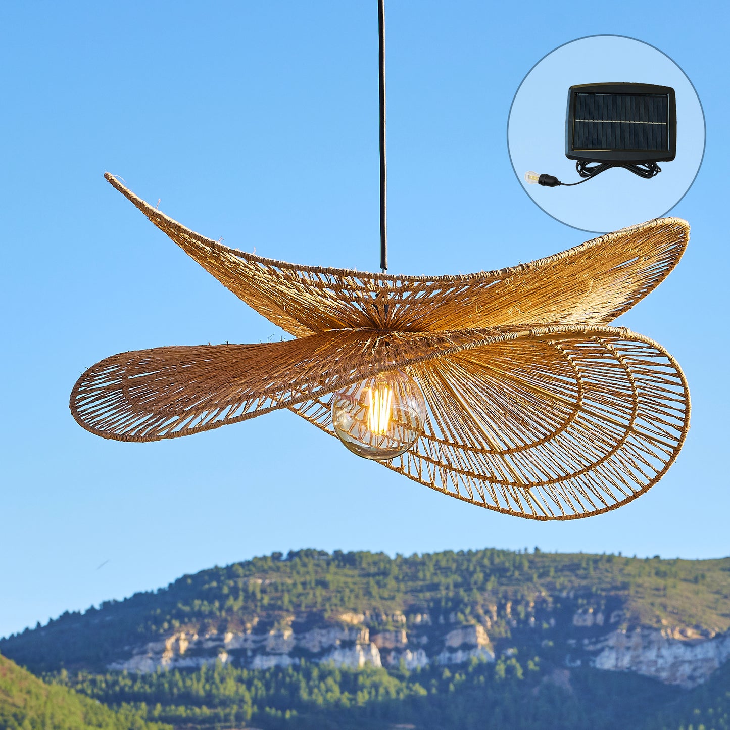 Suspension solaire SOLARA SOLAR en jute naturel avec câble hybride secteur et solaire 5m de longueur
