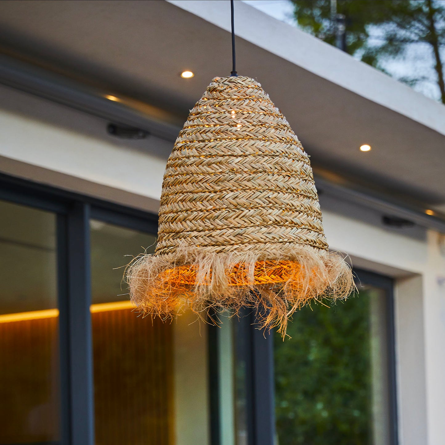 Netzbetriebene Pendelleuchte für den Außenbereich ANAFI OUTDOOR CABLE in natürlichem Seegras im Bohemian-Stil 5m Kabellänge
