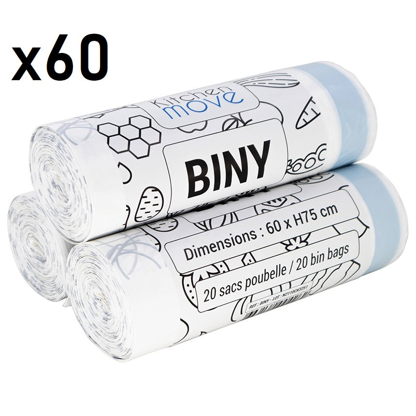 Set mit 60 weißen Müllsäcken 50L 60 x H75 CM BINY Ultra widerstandsfähig 23 Mikron mit Kordelzug