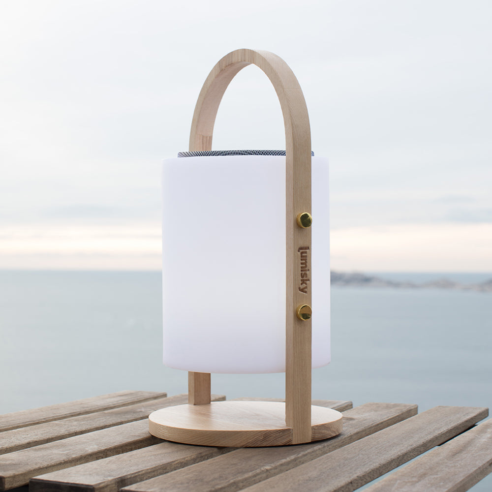 Kabellose Bluetooth-Lautsprecherlampe Holzgriff weiß/multicolor LED dimmbar WOODY PLAY H37cm mit Fernbedienung