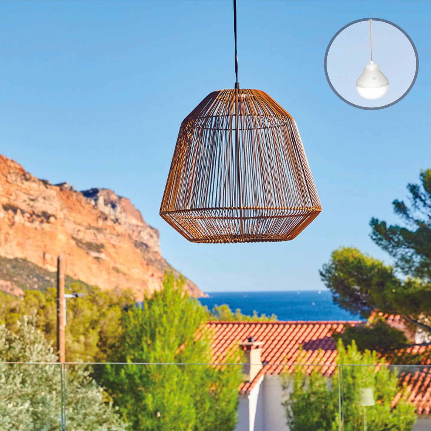 Suspension MAYA NOMAD en poly rotin style bohème avec ampoule LED blanc/RGB nomade