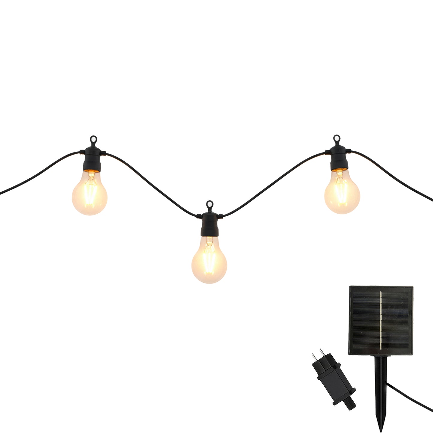 Anschließbare Außenlichtgirlande 10 warmweiße LED-Kugeln transparent PARTY CLEAR HYBRID 7,50m solar- und netzbetrieben