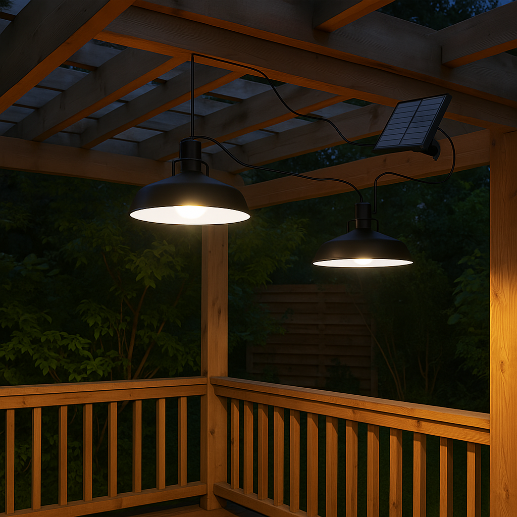 Doppel-Solar-Pendelleuchten Lampenschirm Metall schwarz kaltweiß LED 2x WAREN D18cm