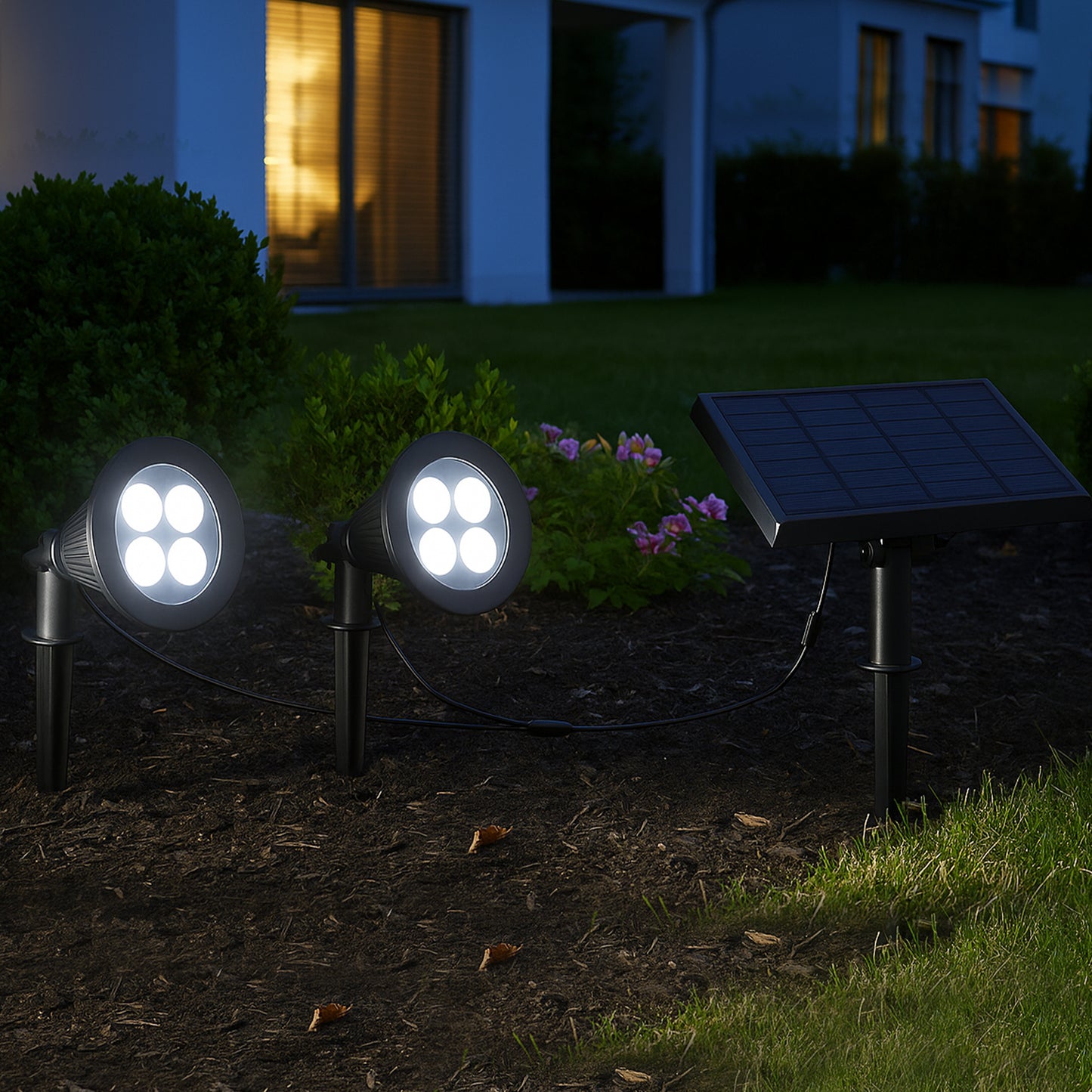 Lot de 2 double spot solaire relié avec panneau solaire déporté 2 en 1 à piquer ou à fixer éclairage puissant LED blanc dimmable FAMILY SPIKY H38cm