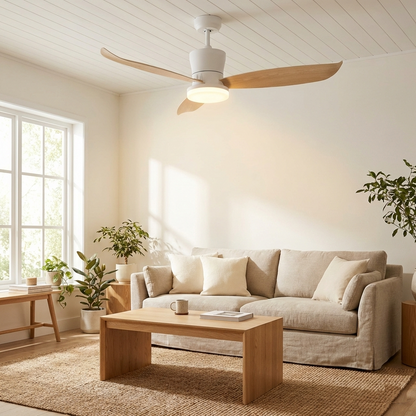 Ventilateur de Plafond BOREAL 107cm avec Éclairage LED 30W Intégré Grand Ventilateur Silencieux 58dB pour Salon Chambre Salle à Manger Moteur DC 30W Basse Consommation Réversible Mode Été Hiver avec Télécommande 2100 Lumens Blanc et Bois