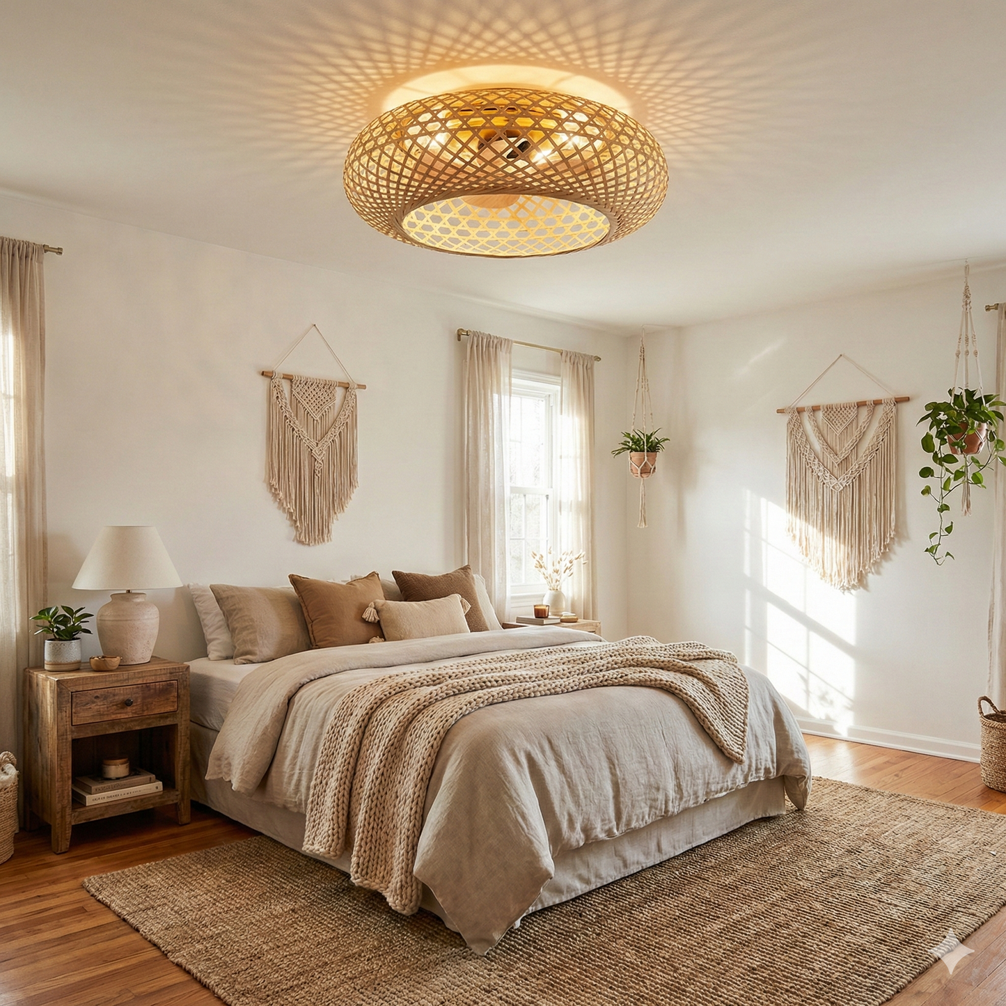 Ventilateur de Plafond SOLVIA 48cm Design Rotin Tressé Bohème avec 3 Douilles E27 Petit Ventilateur Ultrasilencieux 30dB pour Chambre et Salon Moteur DC 15W Basse Consommation Réversible Été Hiver avec Télécommande Plafonnier Naturel Wicker Weaving