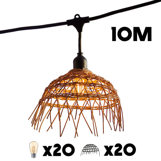 Guirlande lumineuse extérieure raccordable 10m avec 20 ampoules LED filament E27 blanc chaud HAWAII LIGHT Abat-jour polyrotin bohème