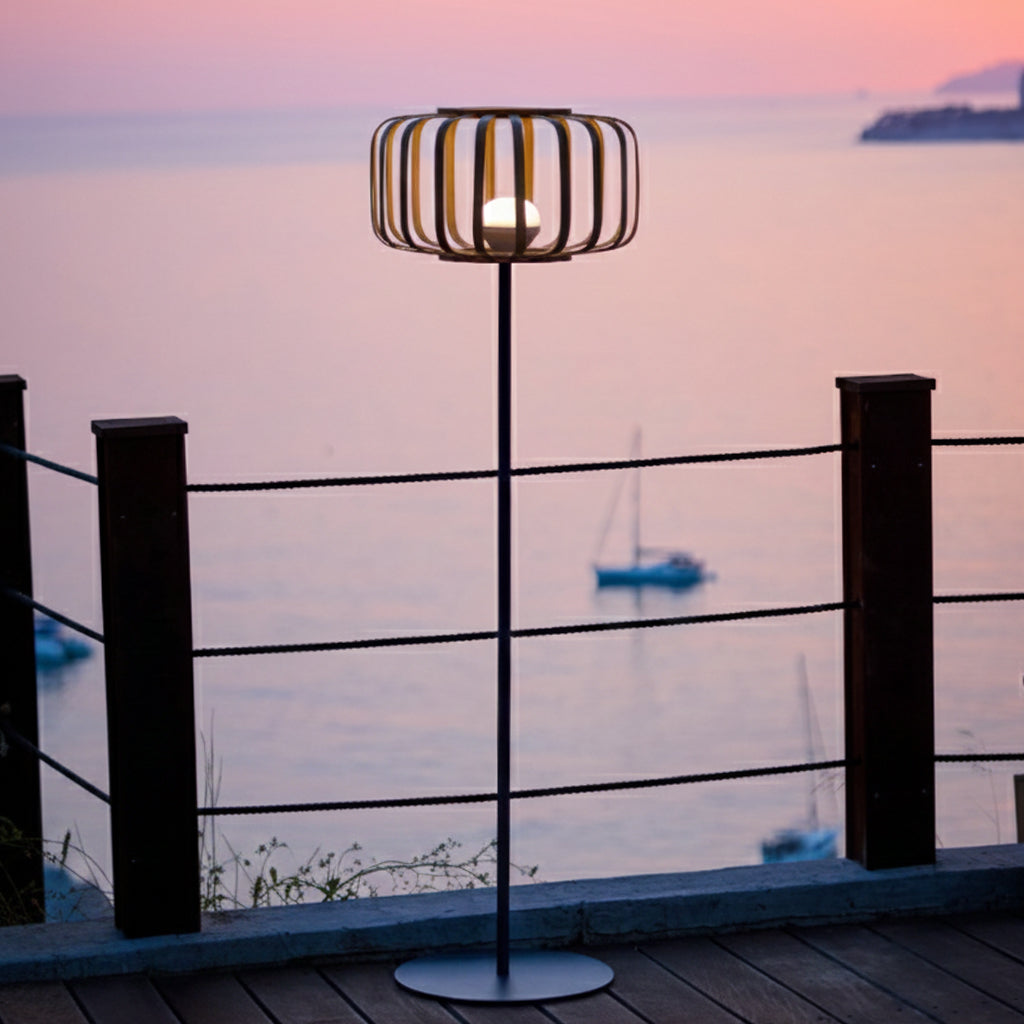 STANDY BAMBOU dimmbare weiße und mehrfarbige LED-Stehlampe mit Metallfuß, kabellos, aus natürlichem Bambus, H150 cm, mit Fernbedienung