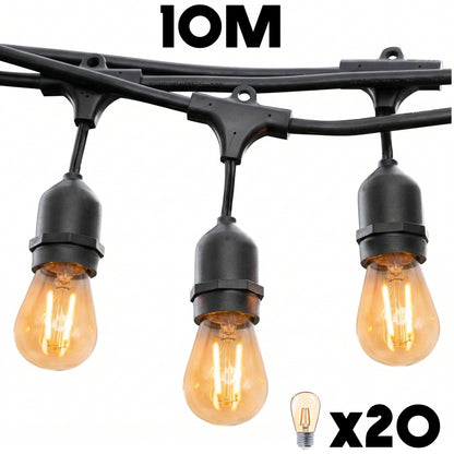 Außenleuchtengirlande mit 20 Vintage Filamentbirnen E27 warmweiß LED Fassung MAFY 20 LIGHT 10m sehr hell