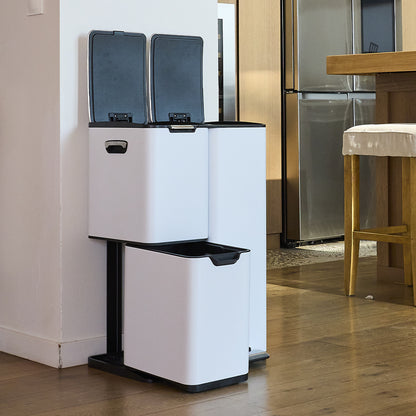 Poubelle de cuisine à pédale tri sélectif recyclage 60L(13+17+30L) HAJA en acier Inox Blanc avec seau