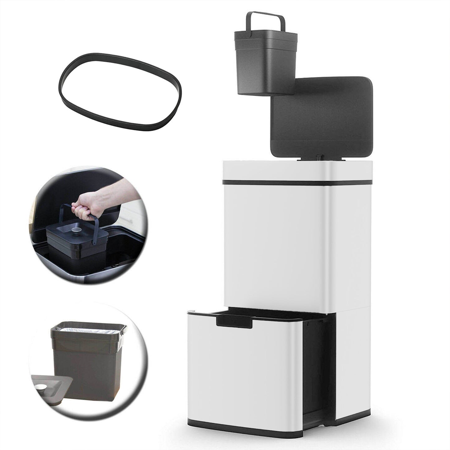 NARVIK Automatischer Küchenabfalleimer mit zwei Fächern, 75 l, aus Edelstahl, Recycling, großes Fassungsvermögen und Tischabfalleimer 3 l