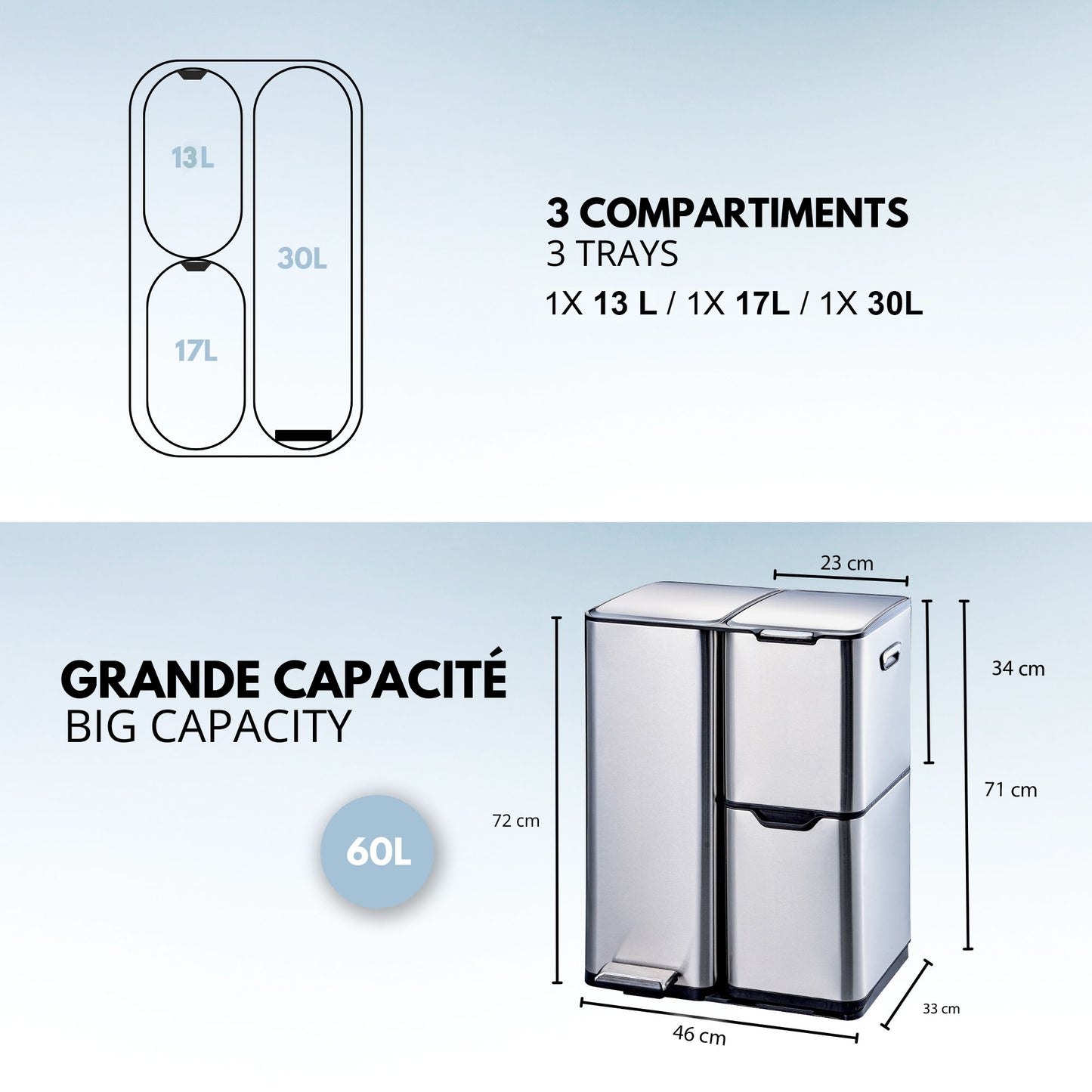 Küchensortiereimer 24L (3x8L) TRIO 3 Fächer aus gebürstetem Edelstahl