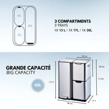Küchensortiereimer 24L (3x8L) TRIO 3 Fächer aus gebürstetem Edelstahl