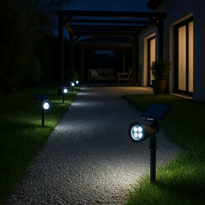 Set mit 2 Solarstrahlern 2in1 zum Stechen oder Fixieren leistungsstarke Beleuchtung dimmbare weiße LED SPIKY H42cm