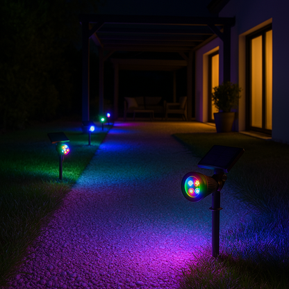 Set aus 2 solarbetriebenen 2-in-1-Strahlern zum Einstecken oder Befestigen, dimmbare mehrfarbige LED SPIKY C34 H42cm