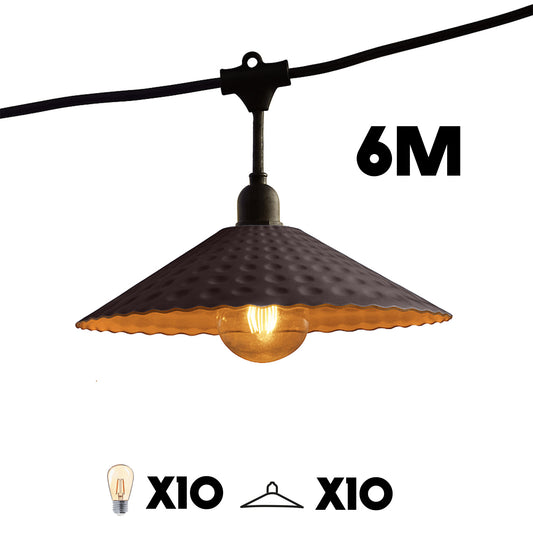 Außenleuchtengirlande mit Stahlschirm im Vintage-Stil 10 Glühlampen E27 Fassung warmweiß LED VINTY LIGHT 6m