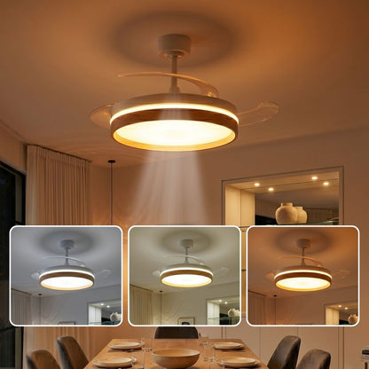 Ventilateur de Plafond CALYSA 106cm avec Pales Escamotables et LED 33W Grand Ventilateur Silencieux 34dB pour Salon et Chambre Moteur DC 30W Basse Consommation Réversible Été Hiver avec Télécommande Plafonnier 3500 Lumens Blanc et Bois