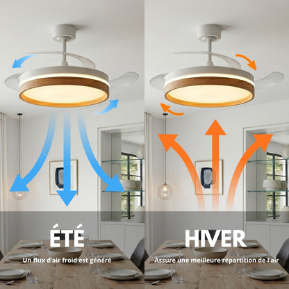 Ventilateur de Plafond CALYSA 106cm avec Pales Escamotables et LED 33W Grand Ventilateur Silencieux 34dB pour Salon et Chambre Moteur DC 30W Basse Consommation Réversible Été Hiver avec Télécommande Plafonnier 3500 Lumens Blanc et Bois
