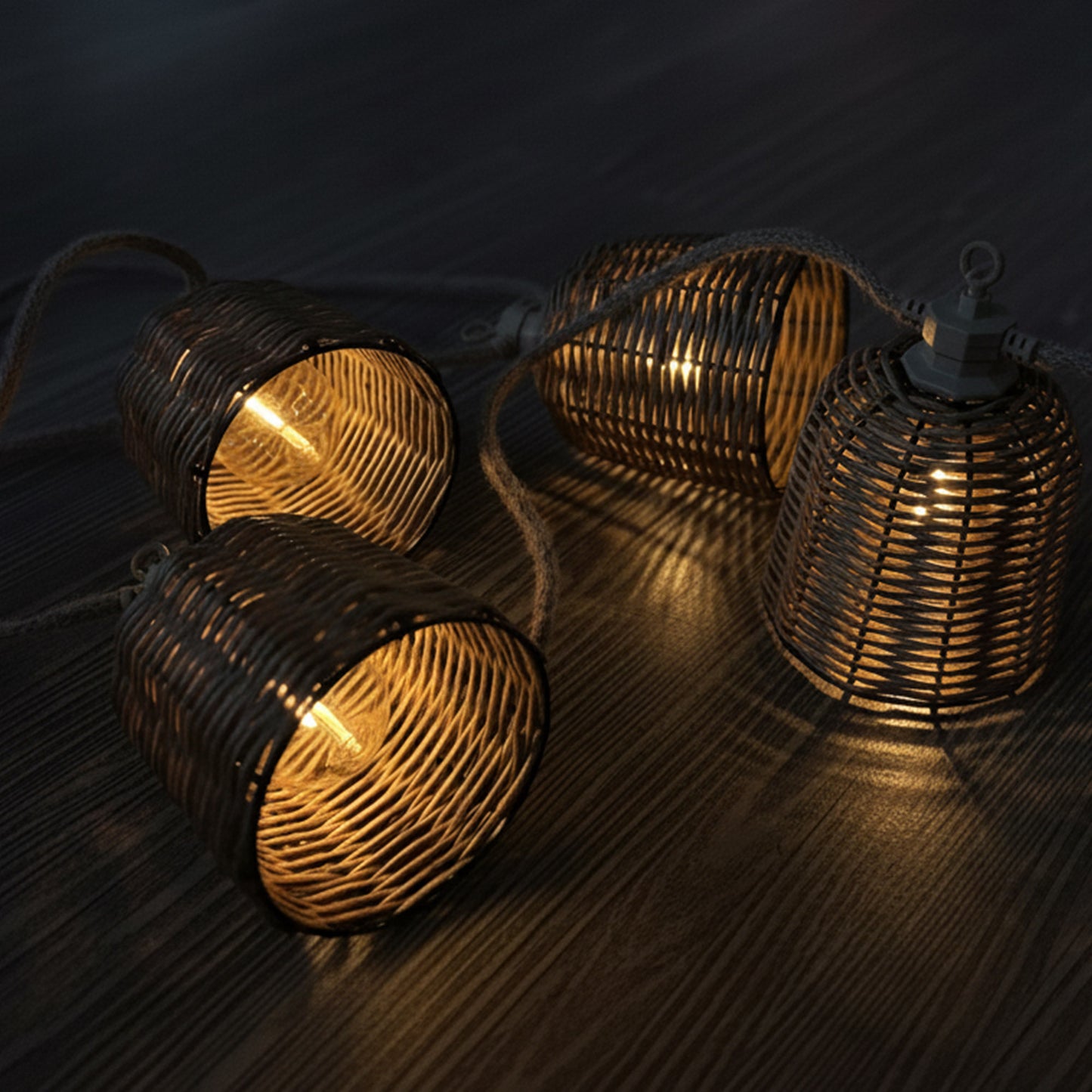 Guirlande lumineuse extérieur raccordable 10 abat-jour en poly rotin FORMENTERA BIG HYBRID blanc chaud 8m solaire et sur secteur