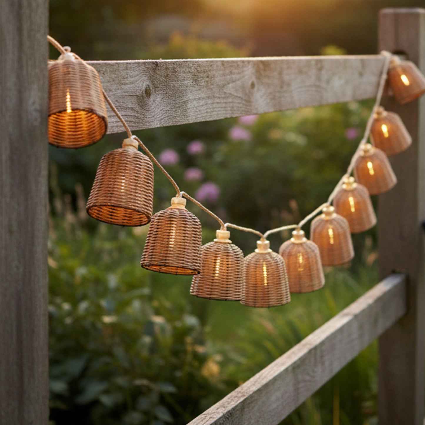 Guirlande lumineuse extérieur raccordable 10 abat-jour en poly rotin FORMENTERA BIG HYBRID blanc chaud 8m solaire et sur secteur