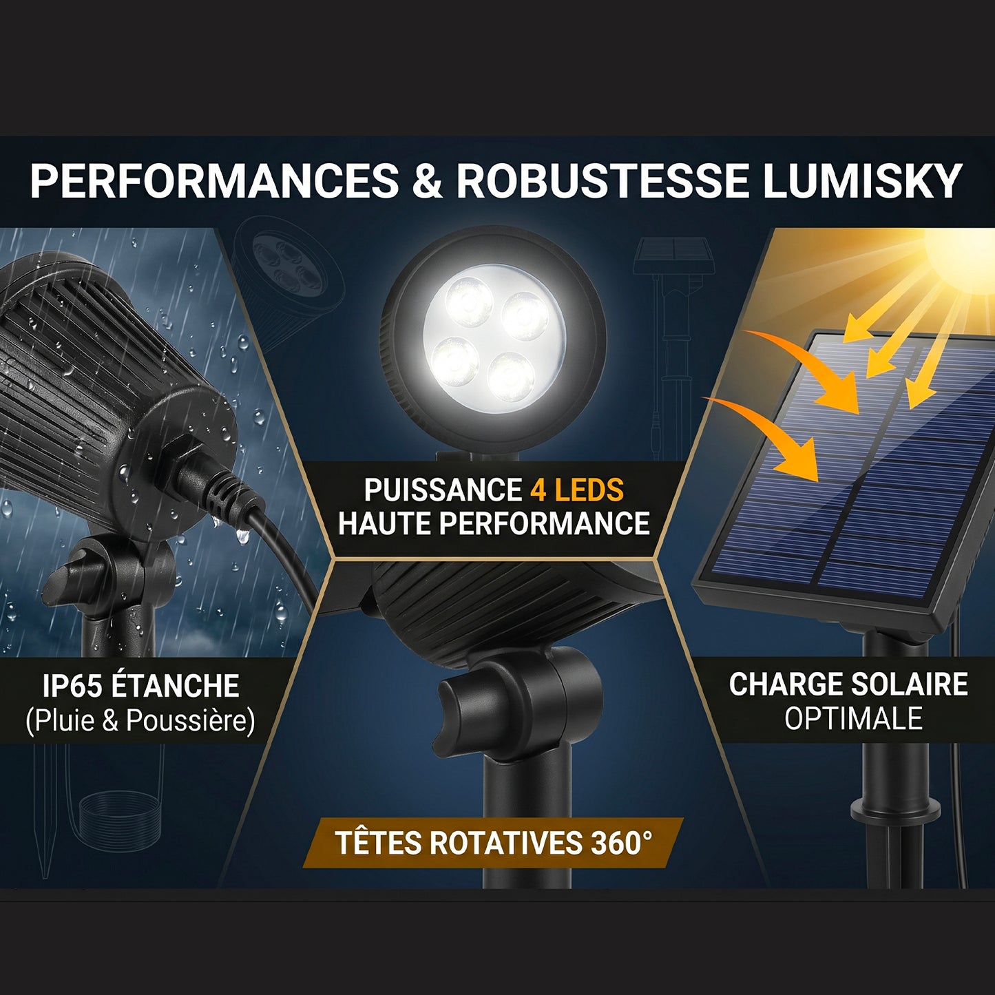 Set mit 2 solarbetriebenen 2-in-1-Spots zum Kleben oder Befestigen. Leistungsstarke dimmbare weiße LED-Beleuchtung SPIKY AWAY H42cm