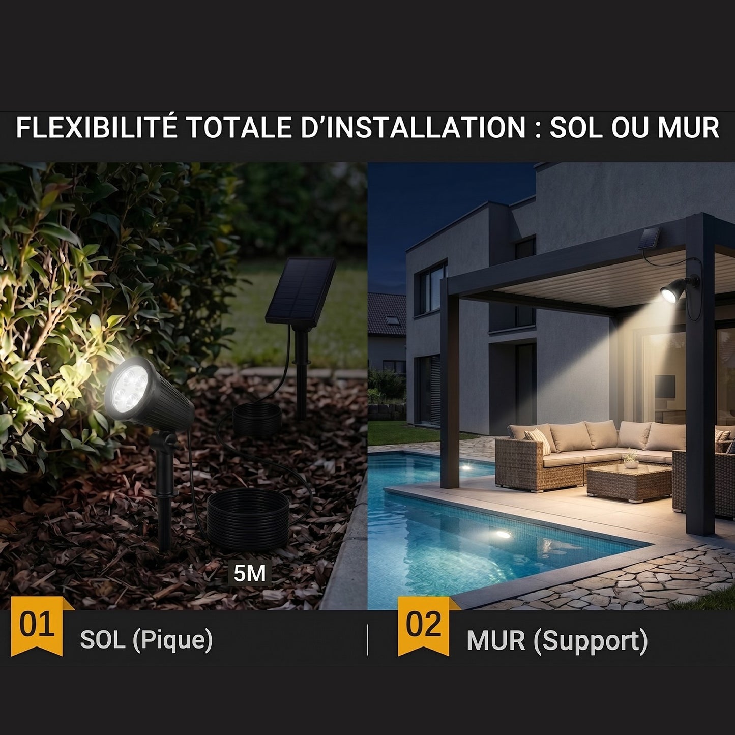 Set mit 2 solarbetriebenen 2-in-1-Spots zum Kleben oder Befestigen. Leistungsstarke dimmbare weiße LED-Beleuchtung SPIKY AWAY H42cm