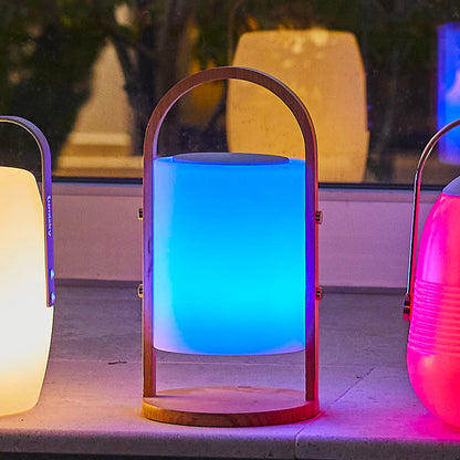Kabellose Bluetooth-Lautsprecherlampe Holzgriff weiß/multicolor LED dimmbar WOODY PLAY H37cm mit Fernbedienung