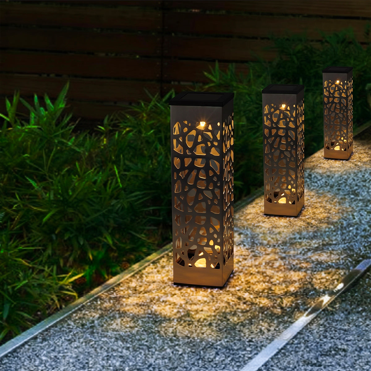 3er-Set Solar-Leuchtfeuer zum Stechen oder Aufstecken warmweißer LED ORGANISCHER EDELSTAHL H31cm