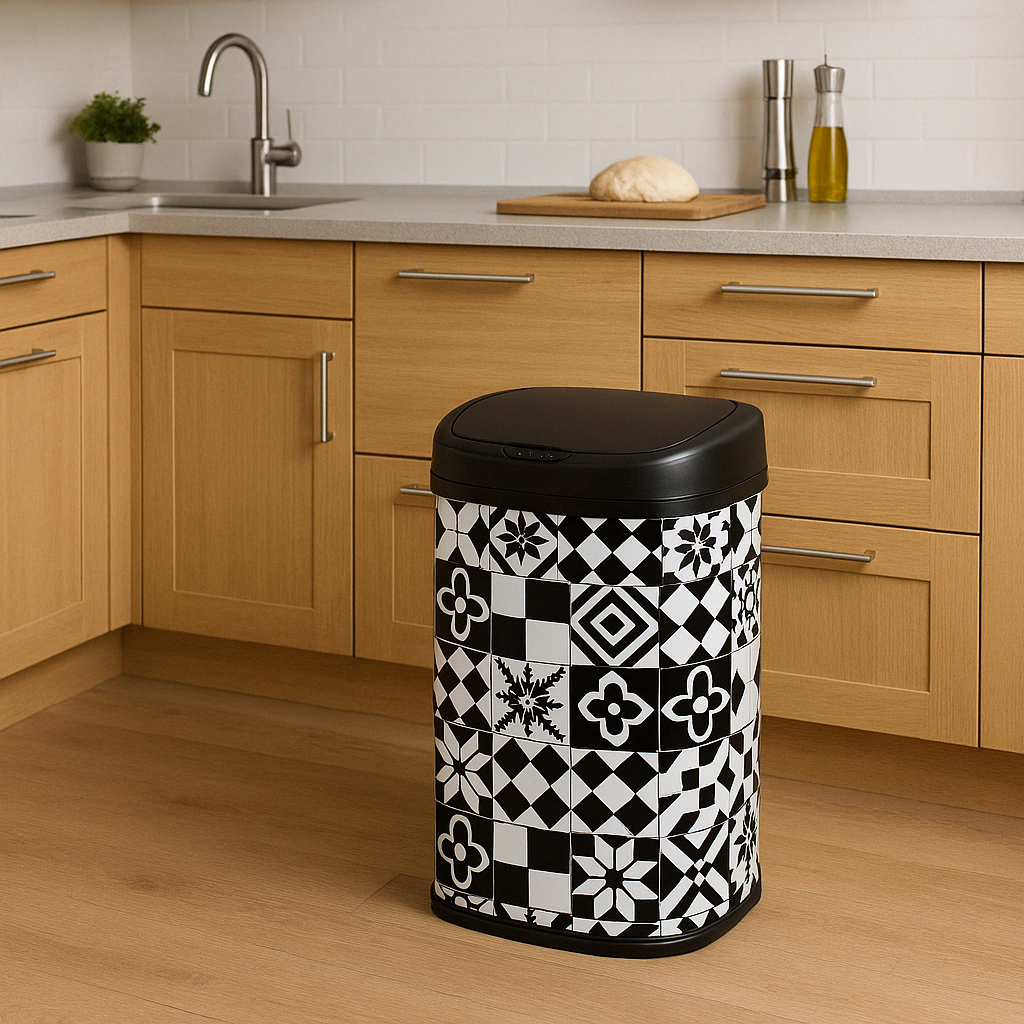 Automatischer Küchenabfalleimer 58L MAJESTIC Schwarze Zementfliese aus Edelstahl mit Umreifung