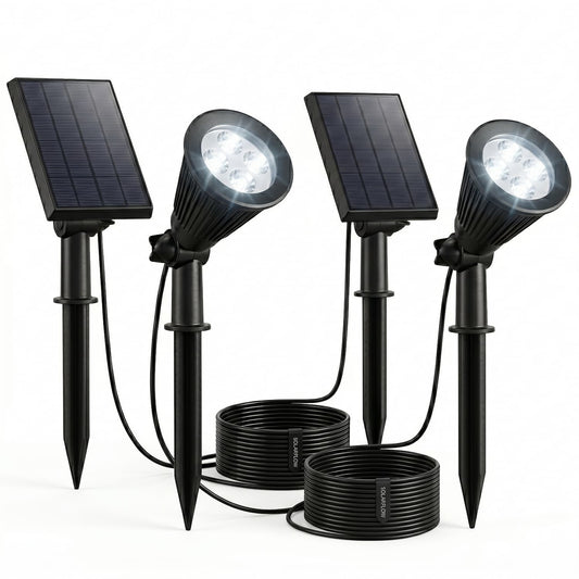 Set mit 2 solarbetriebenen 2-in-1-Spots zum Kleben oder Befestigen. Leistungsstarke dimmbare weiße LED-Beleuchtung SPIKY AWAY H42cm