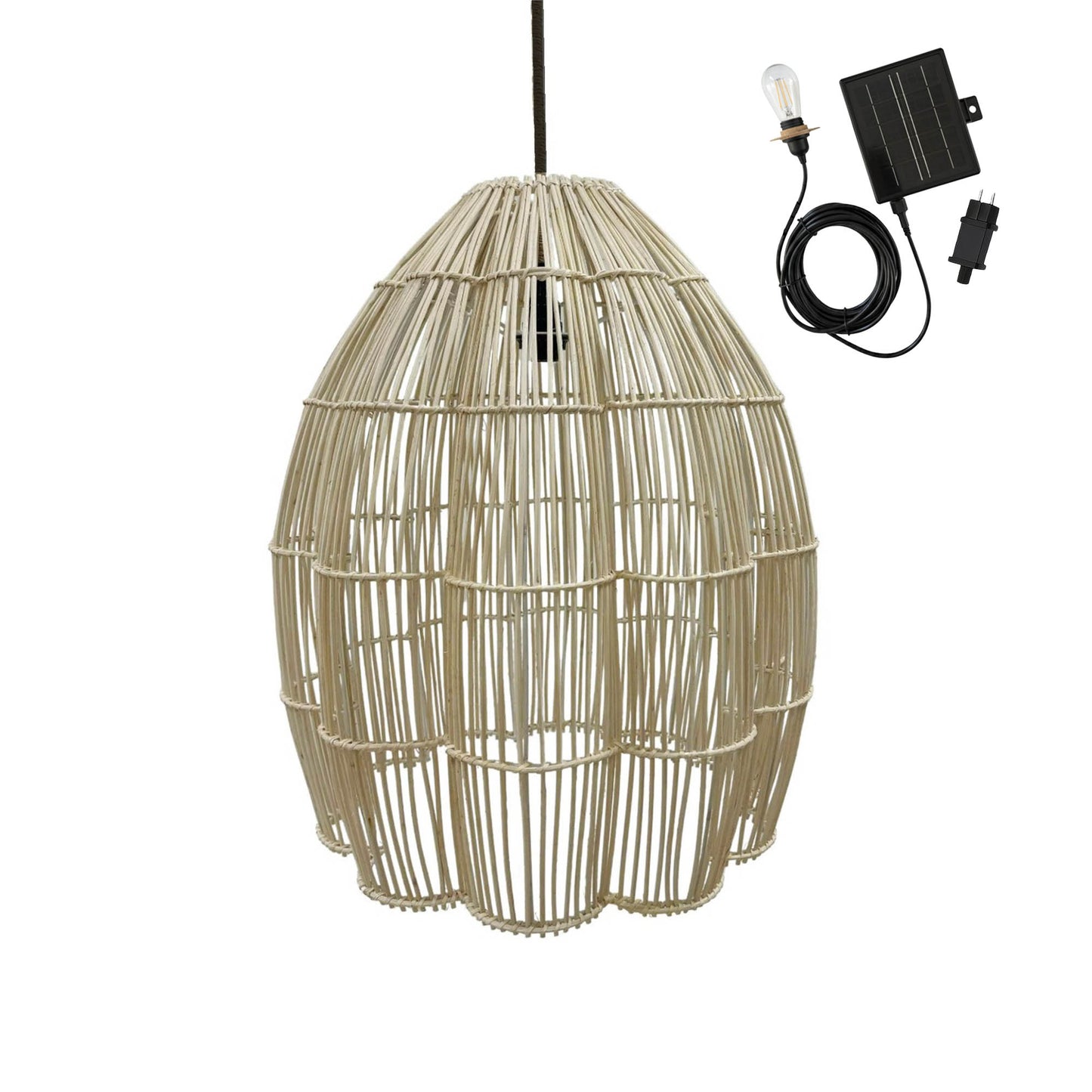 Suspension solaire AVILA SOLAR en rotin naturel avec câble hybride secteur et solaire 5m de longueur