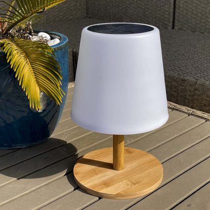 Solarbetriebene und wiederaufladbare LED-Tischlampe warmweiß/weiß dimmbarer Bambusfuß STANDY MINI WOOD SOLAR H25cm