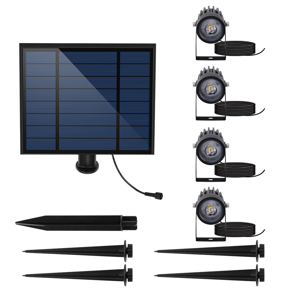 Vier Solarstrahler verbunden mit einem 4-in-1 Remote-Solarpanel zum Stechen oder Fixieren Leistungsstarke kaltweiße LED-Beleuchtung 4x RUND H27 cm