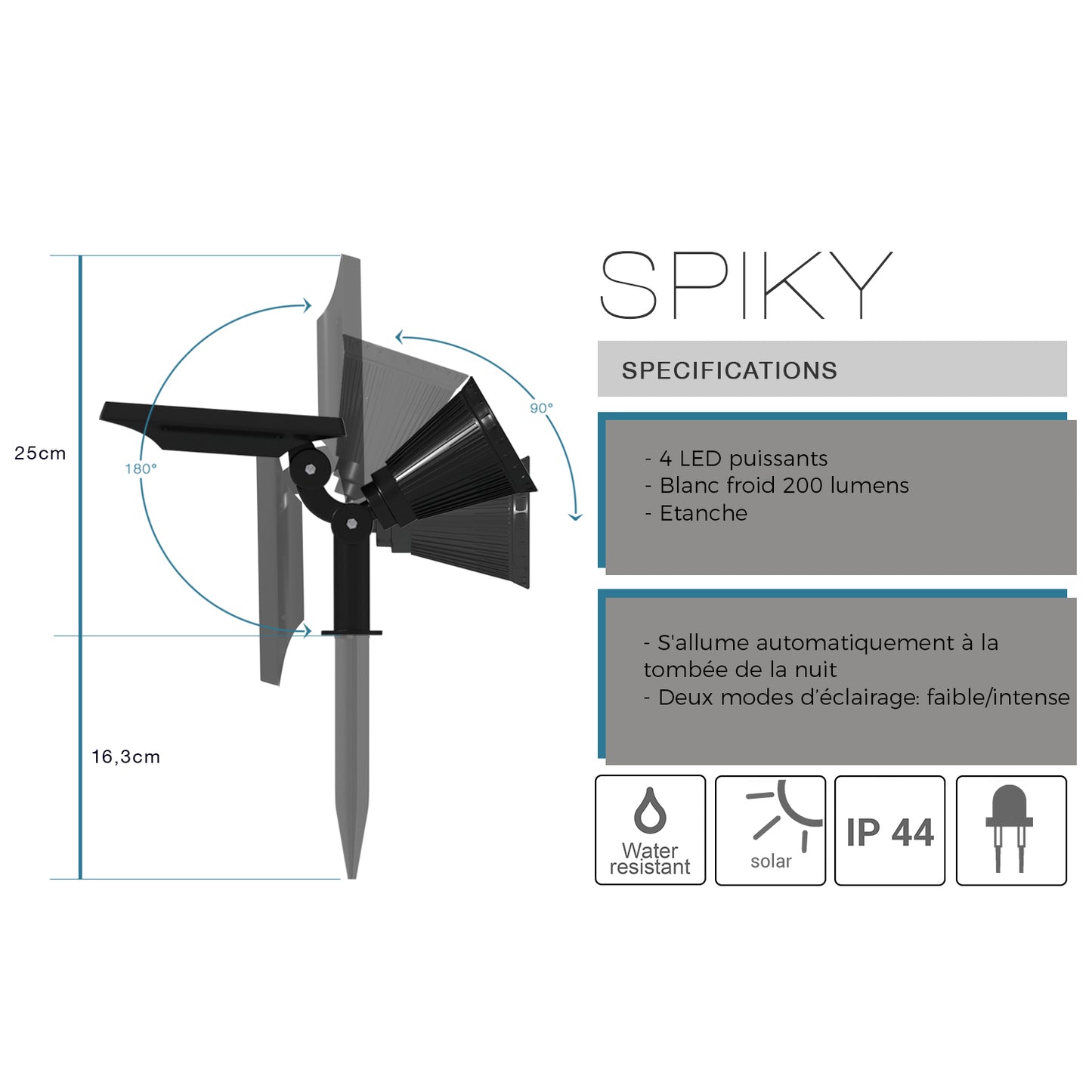 Solar-Spot-Projektor 2 in 1 zum Stechen oder zum Befestigen dimmbarer weißer LED SPIKY B34 H42cm