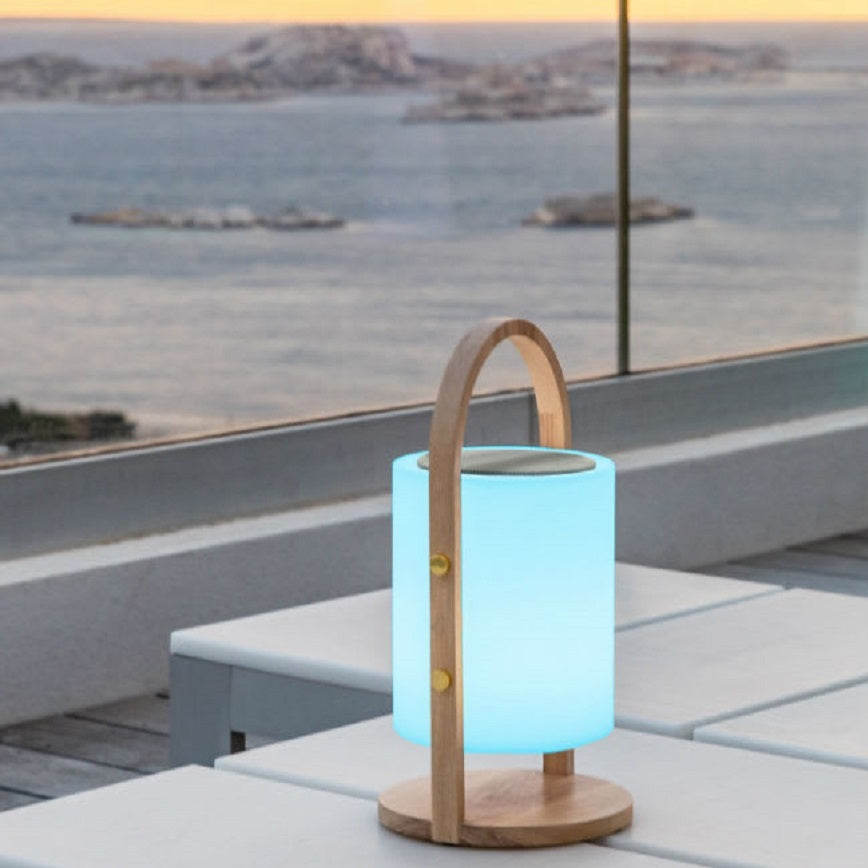 Kabellose Bluetooth-Lautsprecherlampe Holzgriff weiß/multicolor LED dimmbar WOODY PLAY H37cm mit Fernbedienung